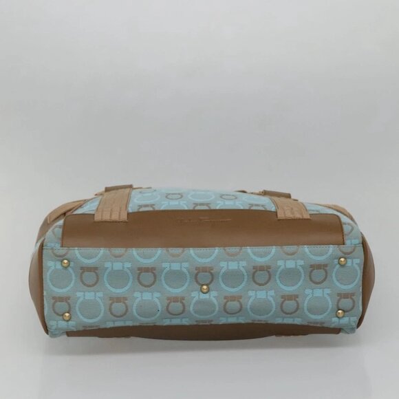 Salvatore Ferragamo Gancini Tote Bag Canvas Leather Light Blue Gold Auth gh706 - Picture 6 of 16